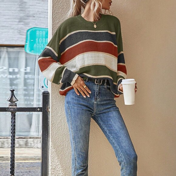 Army Green Casual Women's Long Sleeve Colorblock Oversized Sweater - Picture 5 of 6